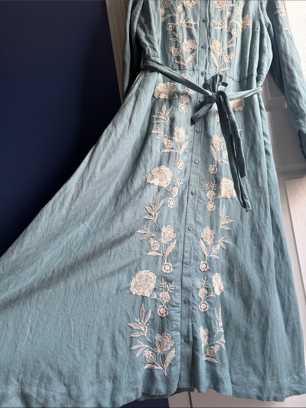 Crown & Ivy Embroidered Teal Button-Front Shirt Dress with Belt Size XL - Picture 4 of 14